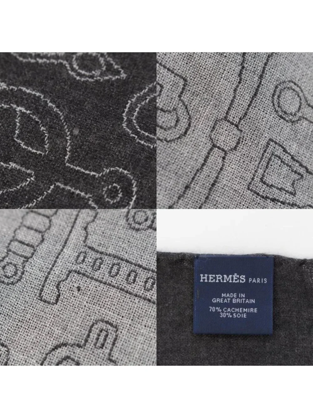 Hermes Cashmere Silk Horse Tack Pattern Large Shawl Scarf Gray - Picture 9 of 10